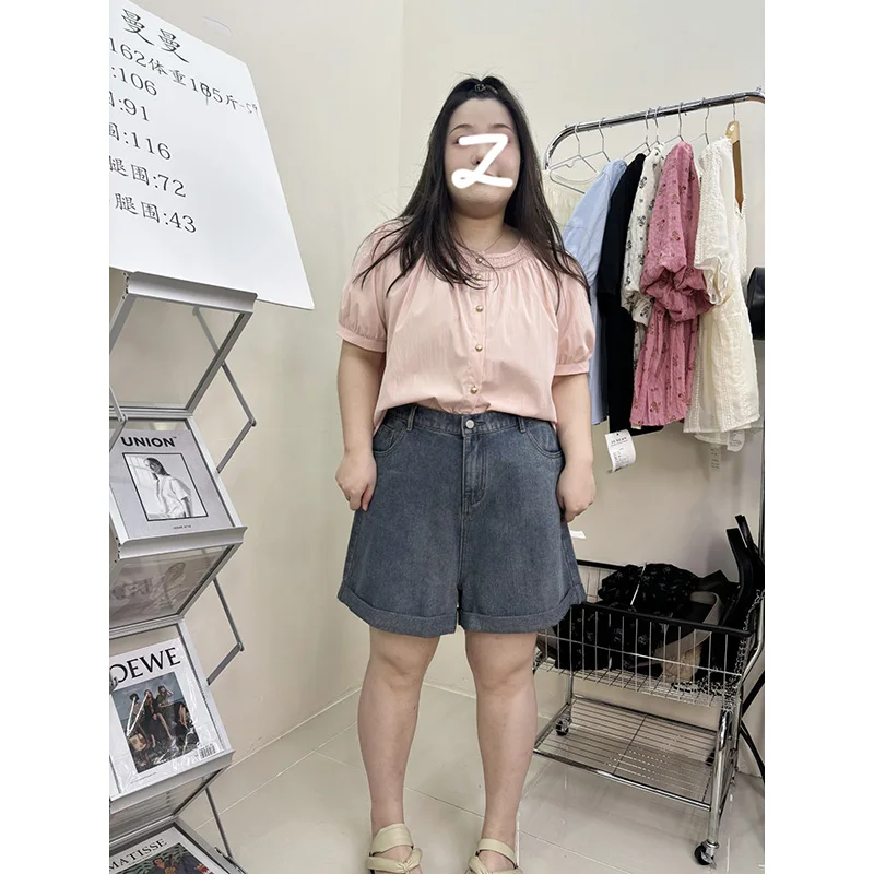 Plus size, high waist, summer wide leg design, jeans with a chubby mm loose fit, slimming effect, fashionable shorts 3403