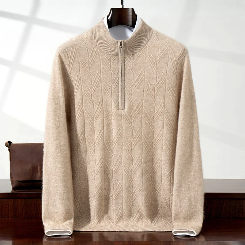 Autumn Winter New 100% Cashmere Sweater Men's Sweater Half Turtleneck Tree Branch Pattern Half Zip Pullover Knitted Base Shirt