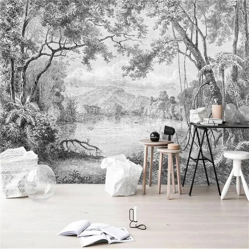 Custom Wallpaper 3D Photo Mural Black And White Forest European Retro Lines Rainforest Jungle TV Background Wall Decoration Обои