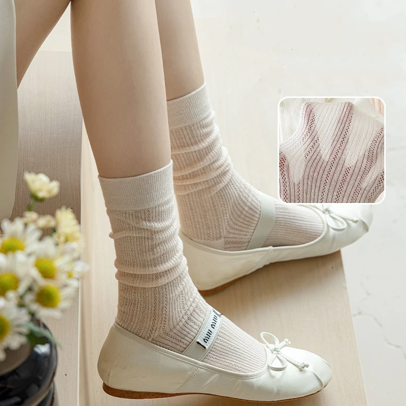 1Pair Women Thin Hollow Out Long Loose Socks JK Lolita Sweet Girls Japanese Solid Color Breathable Cotton Spring Summer Stocking