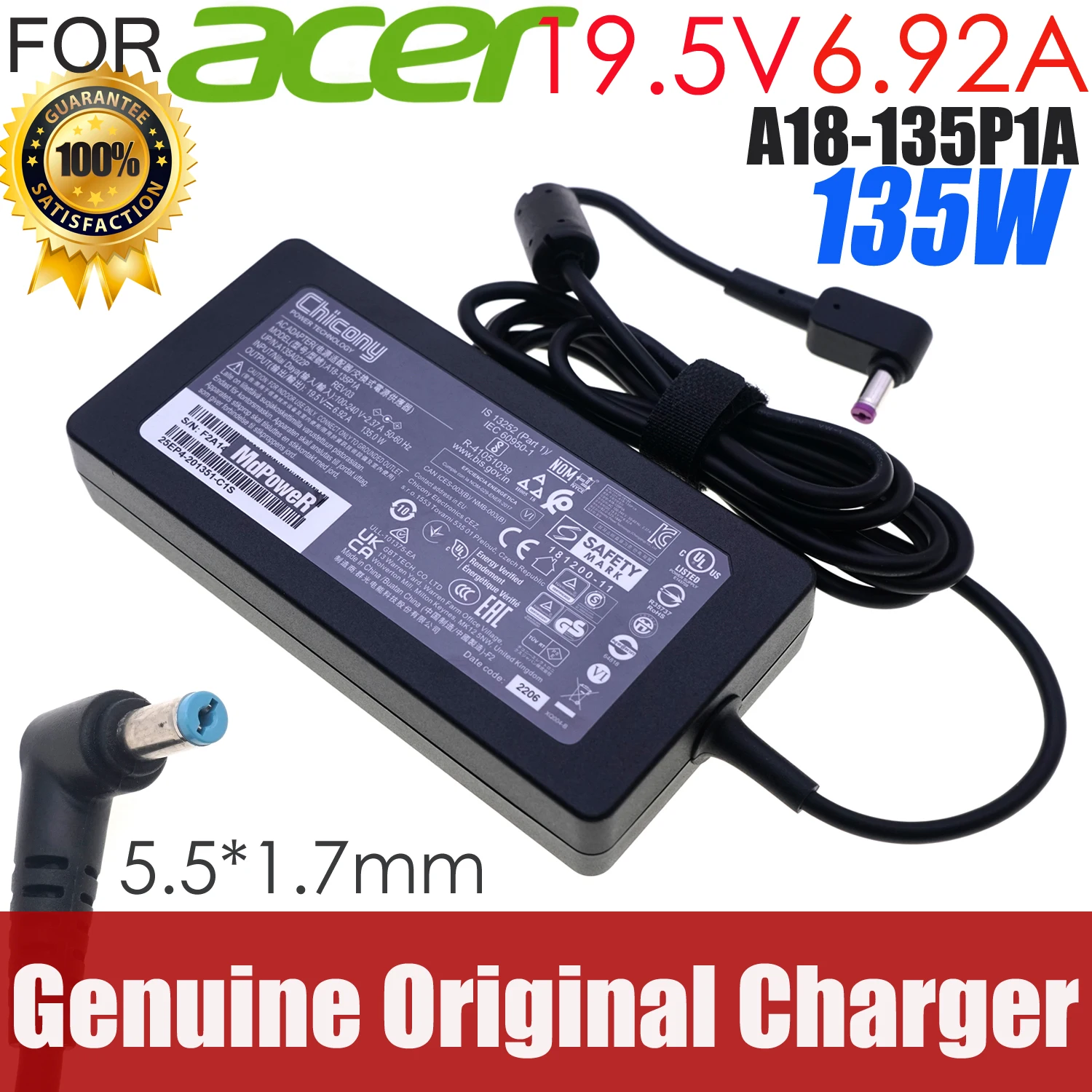 

Original 19.5V 6.92A 135W A18-135P1A A135A050P AC Adapter Charger For Acer ConceptD 3 N20Q5 CC314-72G Laptop Power Supply OEM