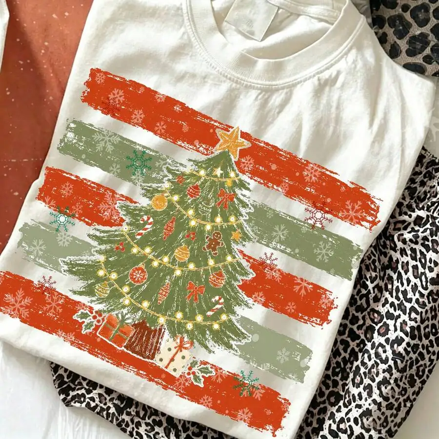 Women's Crew Neck Short Sleeve Daily Versatile Chic Casual T‑Shirt Retro Christmas Bow And Tree Graphic Print For Christmas Party Holiday Tee Top