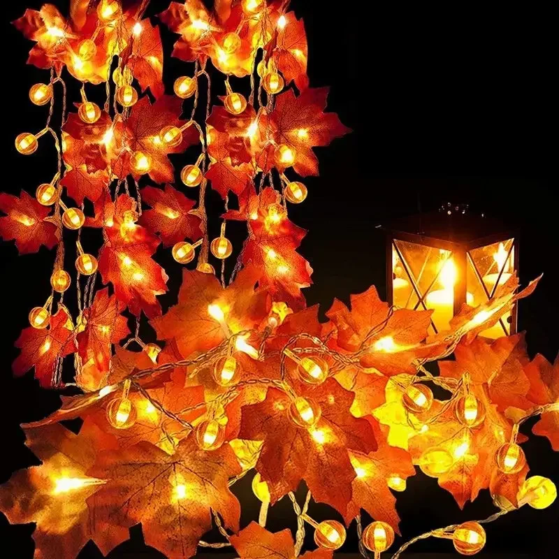 Halloween Ahornblatt Kürbis LED Lichterketten Halloween Kürbis Ahornblatt Lichterketten Ziegel Ahorn LED Kranz Lichterkette