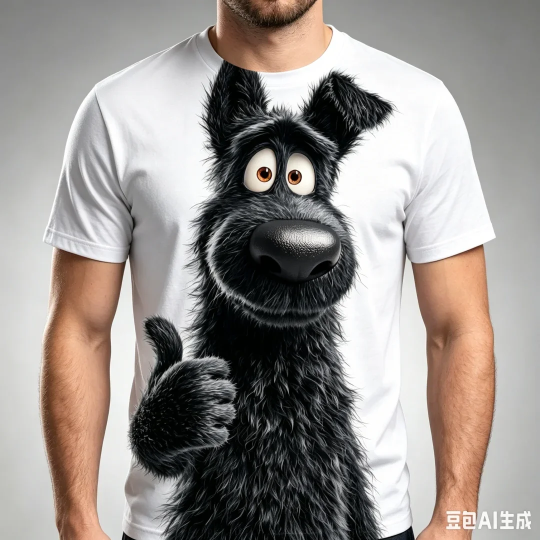 2026 Neues Herren 3D Schwarzes Hunde-Print T-Shirt Lustiges Cartoon-Oberteil Daumen-Hoch Grafik-T-Shirt Trend Street Casual Herrenkleidung