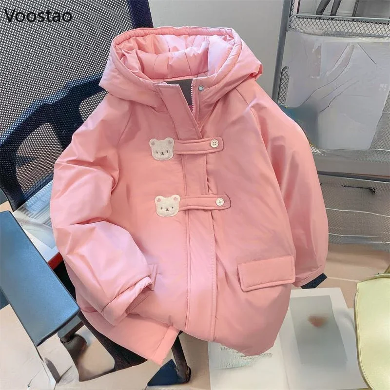 Sweet Lolita Parkas Women Long Sleeve Kawaii Winter Bear Ear Hooded Coats Patchwork Casual Chic Pink Jacket Female Ropa Mujer