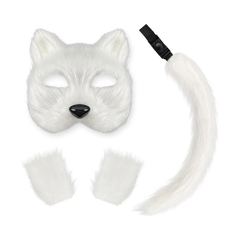 4PCS Faux Fur Cat Ears Hair Clip Furry Wolf Fox Long Tail Costume Halloween Party Neck Chocker Wolf Cosplay Set Mask Wolf Tail