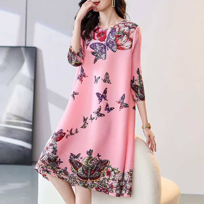 2024 New Spring/Summer Wrinkle Large Women's Dress Mom's Fashion Printed Dress  LOOSE  y2k dress