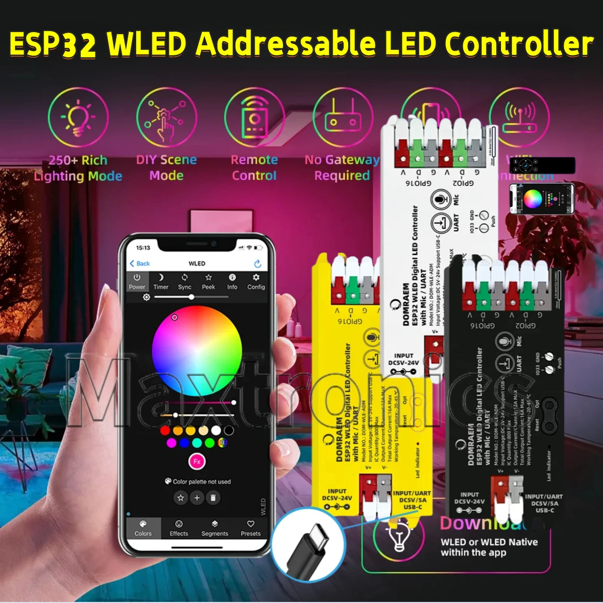 ESP32 WLED With Music Mic/UART USB-C Addressable LED Controller DOMRAEM Supports WS2814/WS2812B RGB IC Strips 16A Fuse HA Alexa