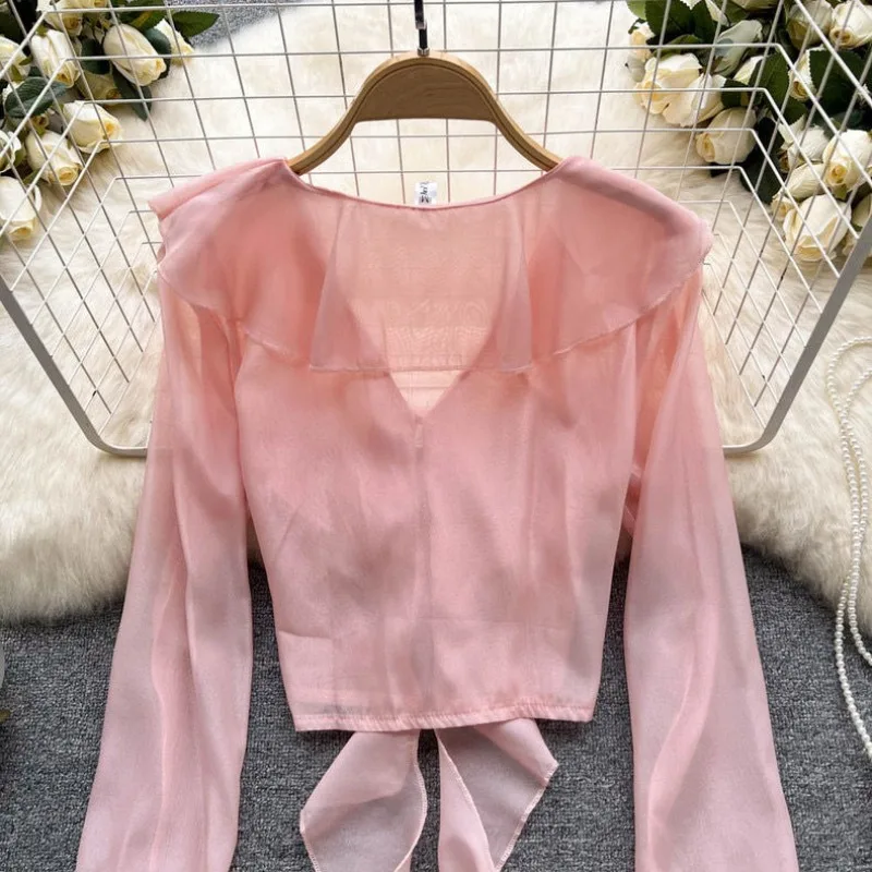 Fashion Patchwork Ruffles Chiffon Women\'s 2024 Summer Solid Color Butterfly Sleeve Short V-neck Cardigan Bandage Ponchos Coats