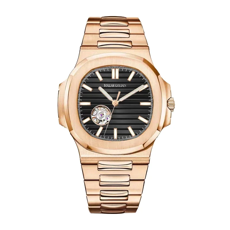 Montre automatique à tourbillon en or rose pour homme, montres-bracelets mécaniques étanches, horloge en acier inoxydable, livraison directe