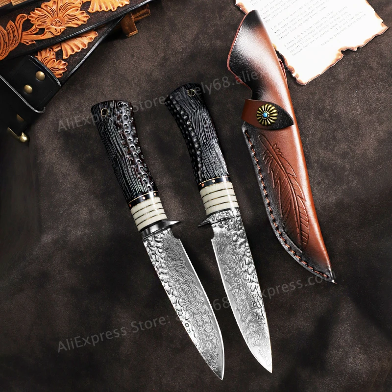 VG10 Damascus Steel Fixed-Blade Knife, Ebony Handle with Leather Sheath, Outdoor Camping and Survival EDC Utility Knife view 2