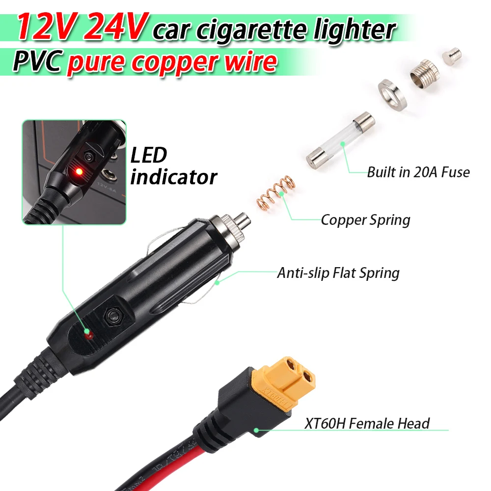 XT60 female H-turn point cigarette end 10FT 14AWG 20A insurance car charger and XT60 adapter lines cars to solar generators