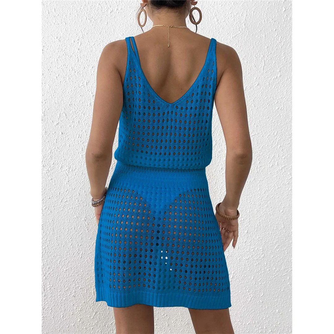 S - XL V-Ausschnitt, ausgestelltes, gehäkeltes Strick-Tunika-Strandkleid, Strandkleid, Mini-Strandkleid, Strandmode, Damen, V7048 – Detail 29