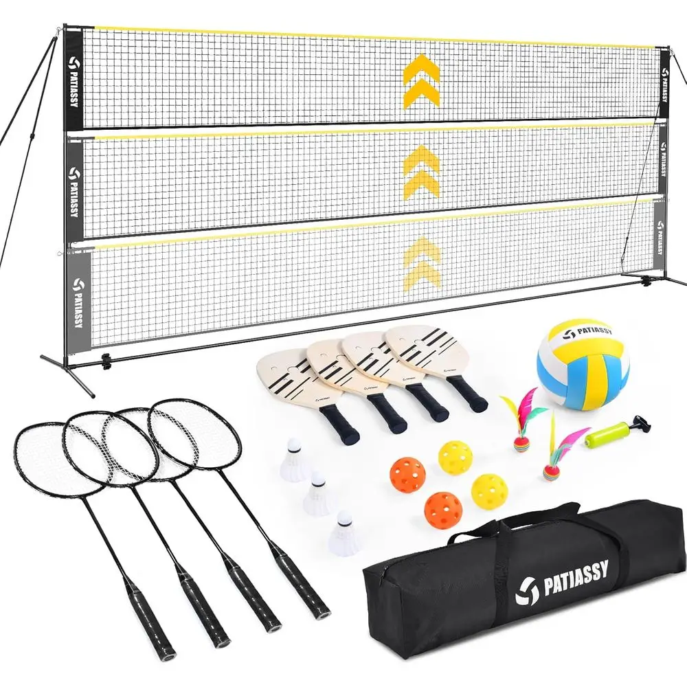 

3-in-1 Adjustable Height Volleyball, Badminton, Pickleball Net Set for Outdoor and Indoor Use with Rackets and Balls