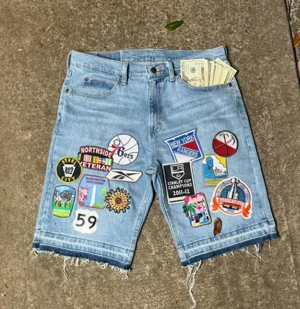 American Embroidery Applique Technology Blue Loose Jeans, personalidade na moda da rua Y2K, shorts Harajuku Hip-Hop, alta qualidade, anos 90