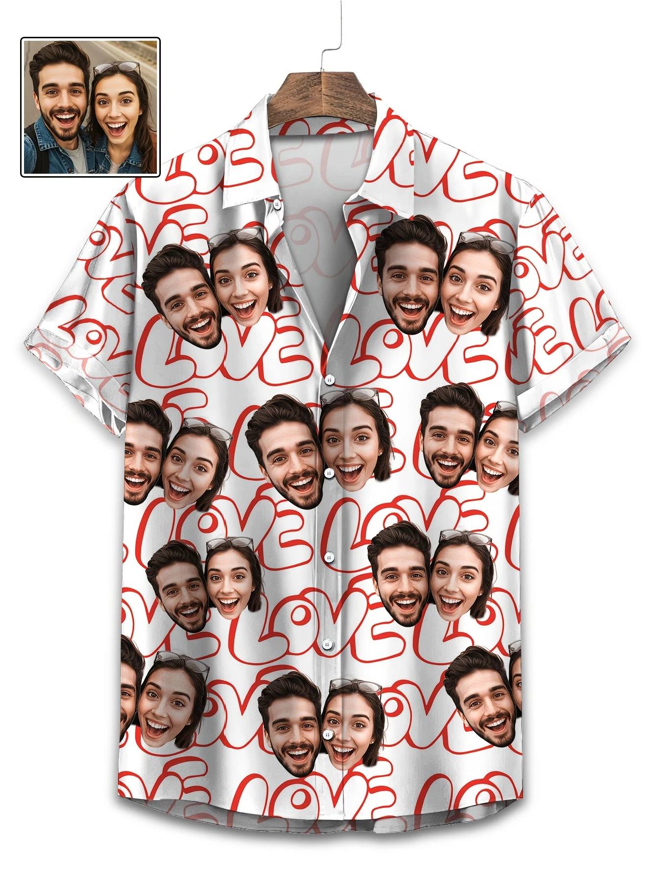 

Personalized Face Hawaiian Shirt, Custom Couple Photo Red Heart Print Aloha Shirt, Valentine's Day Gift Button Down Beach Shirt