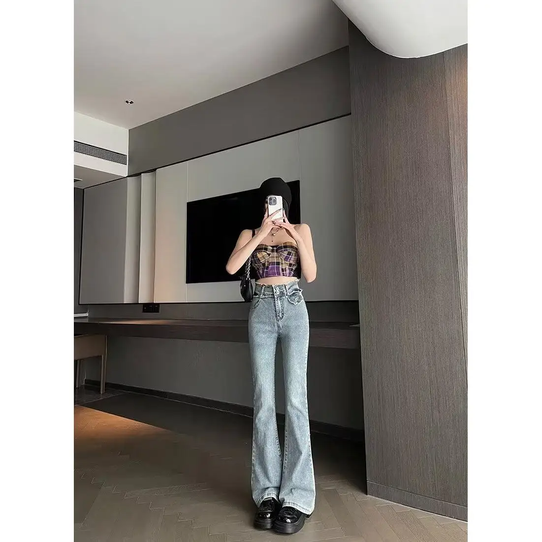 

ey High Waist Slimming Denim Jeans Women's Autumn Winter New Sle Elastic Bell Bot Casual Comfortable Cotton Blend