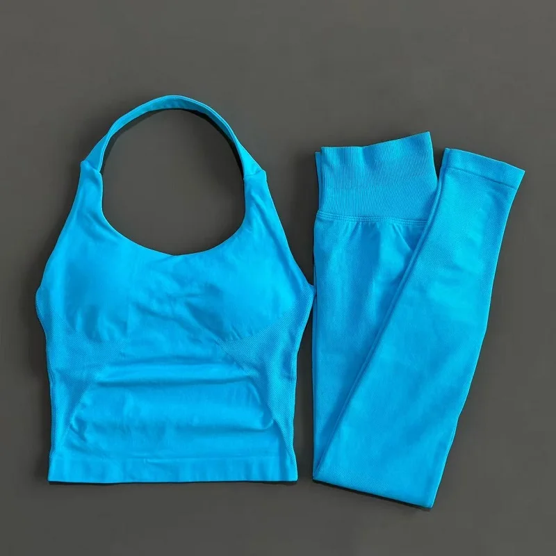2 Piece Women Gym Set Seamless Halter Sports Top High Waist Leggings Tummy Control Squat Proof Yoga Fitness Activewear