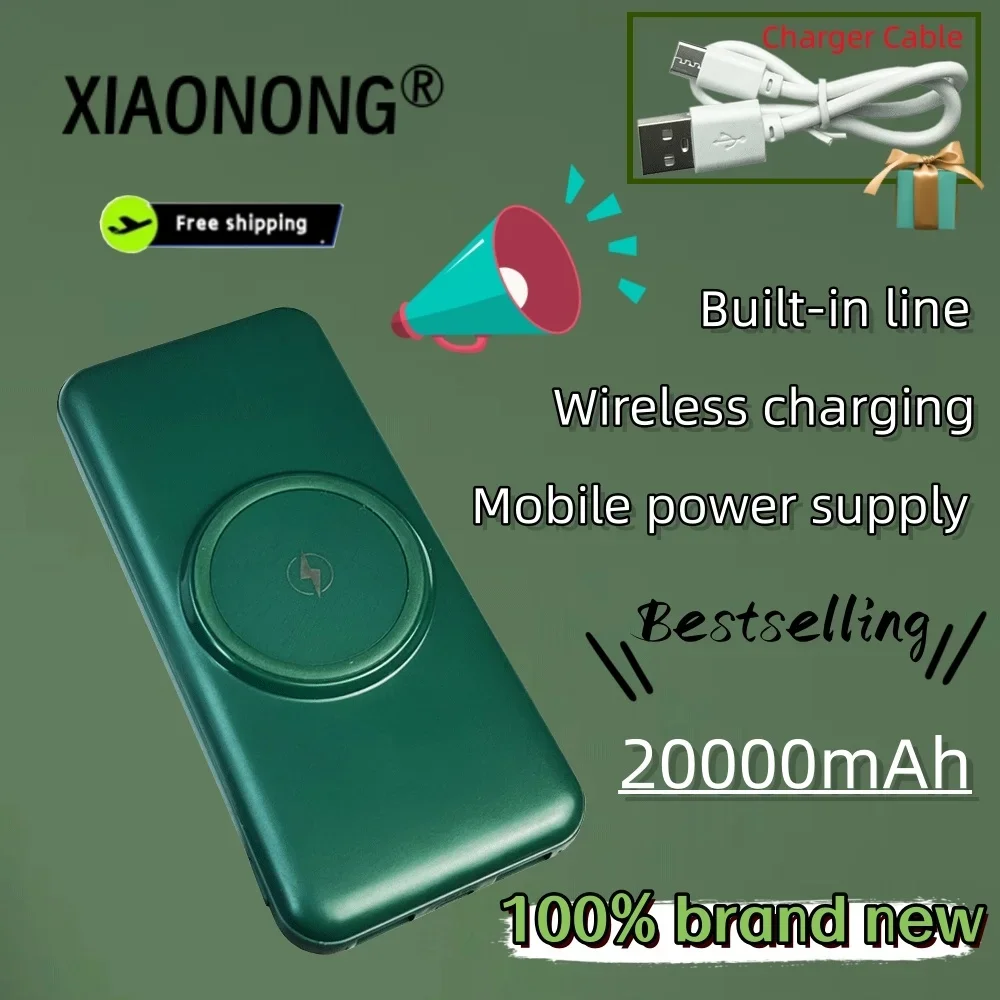 

NEW 100% 20000mAh Wireless Power Bank Built-in 4 Cables Powerbank Portable External Battery Charger For iPhone 12 Pro Xiaomi 10