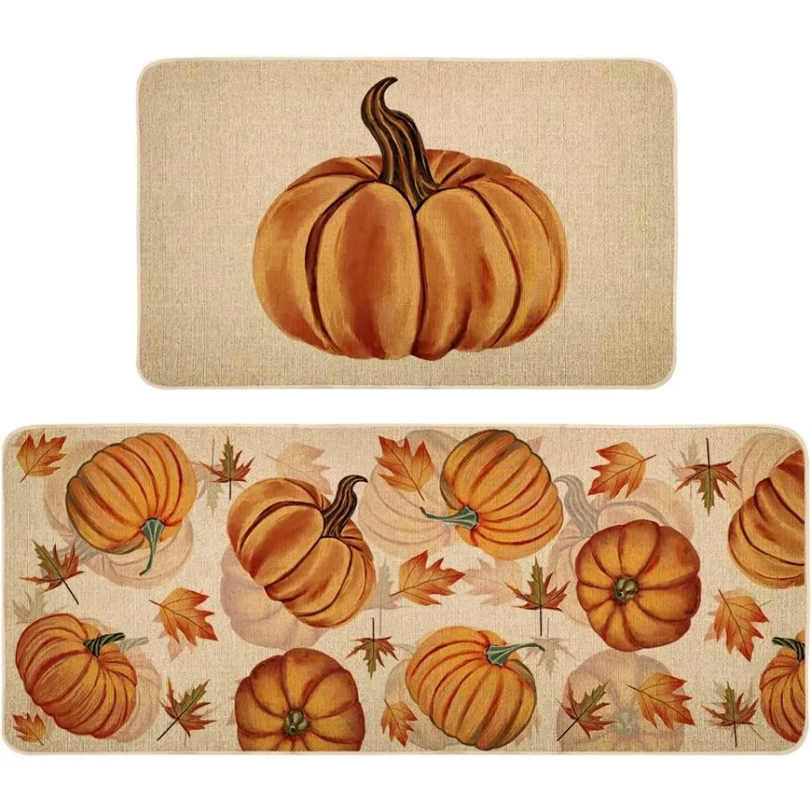 

Fall Pumpkin Kitchen Mats Set of 2 NonSlip Absorbent Rug and Door Mats Seasonal Thanksgiving Autumn Home Decor Kitchen Floor Ma