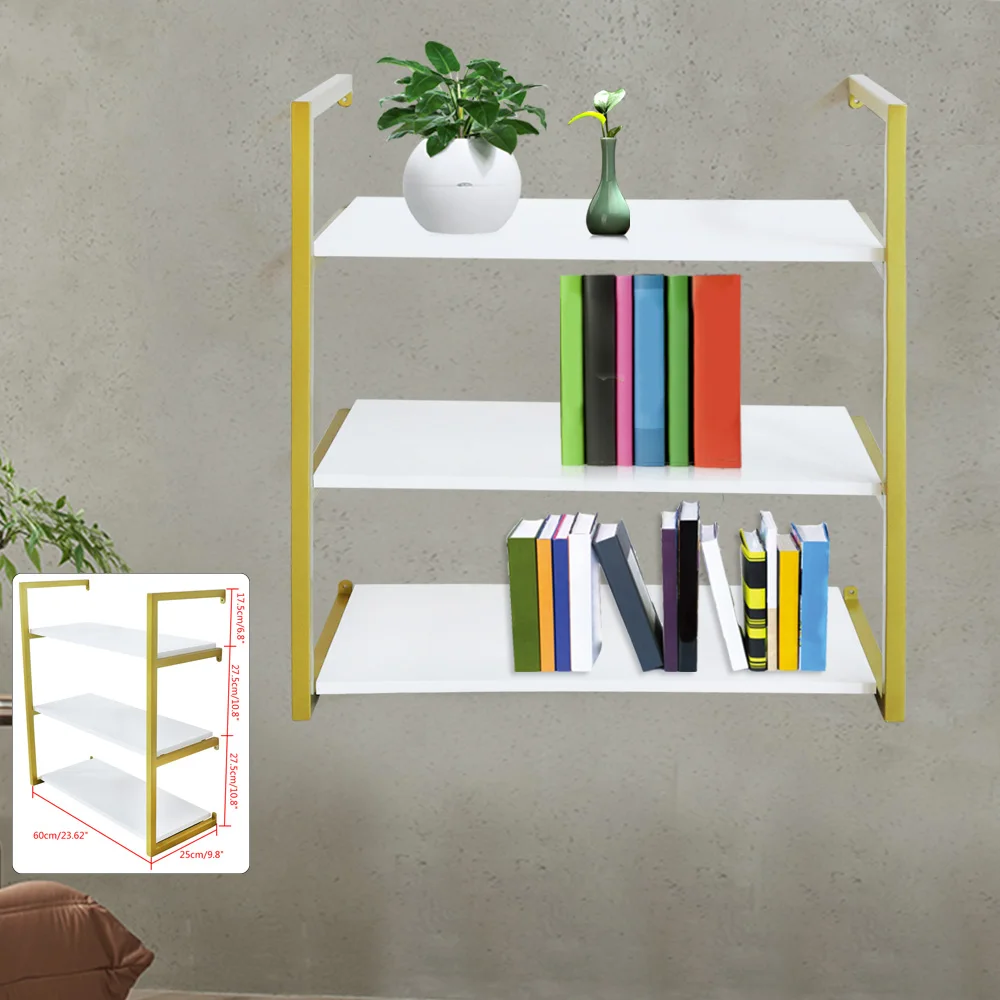 

Storage Rack Wall Mounted Floating Shelves 2/3 Tier Wood Wall Shelves Bookshelf for Living Room Office Bedroom Gold