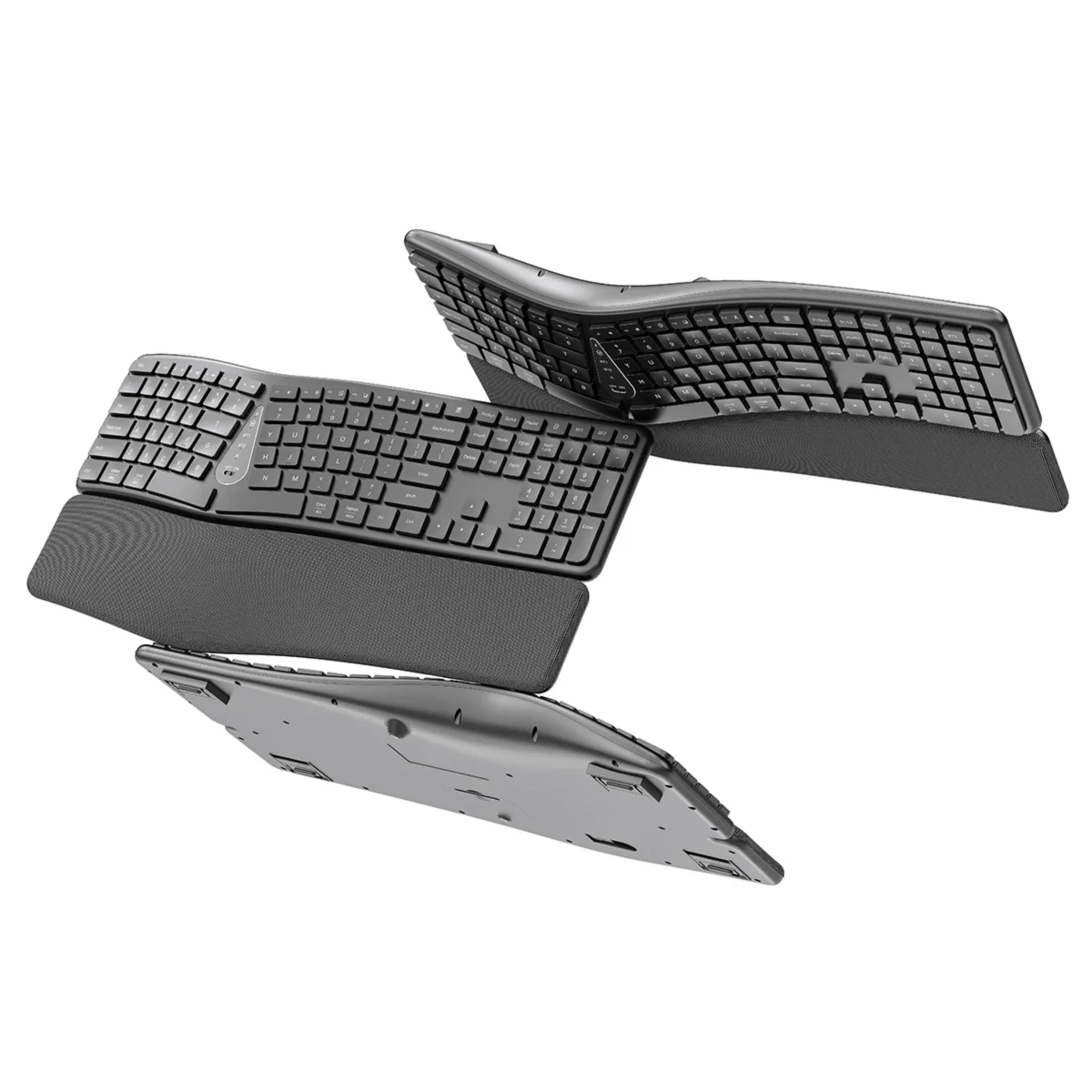    JOMAA Ergonomische geteilte kabellose Tastatur, 2.4G & Bluetooth Multi-Device-Verbindungstastatur, mit Handballenauflage, wiederaufladbare Bluetooth-Tastatur für Laptops