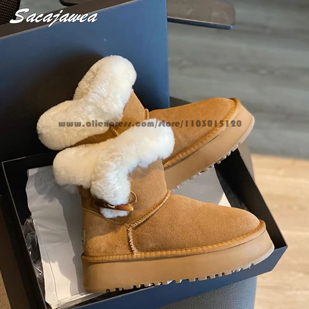 

Retro Brown Short Plush Horn Button Slip On Short Boots Suede Round Toe Thick-Sole Lady Snow Boots 2025 Winter New Casual Boots