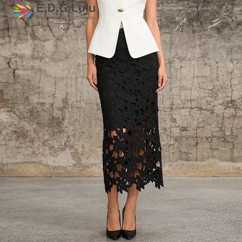 

EDGLuLu French Elegant Style High End Black Long Skirt 2026 New High Waist Slim Splicing Hollow Lace Hollow Lace Skirt 0521