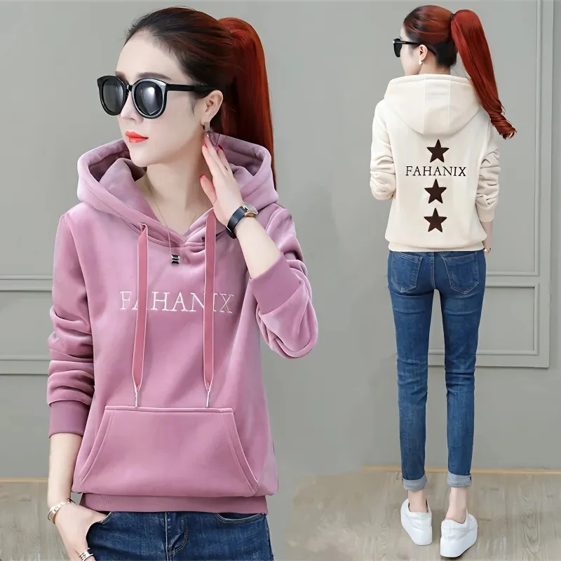 Women\'s Hooded Embroidery Sweatshirt 2023 Autumn Winter New Add Velvet Thickened Top Lady Short Loose Coat