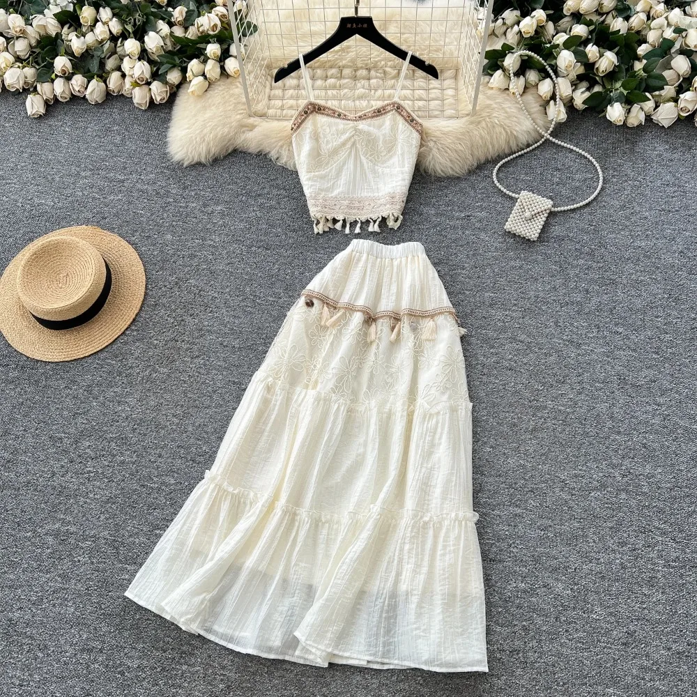 

Vintage sexy backless tassel mesh Dress Chic Summer Beach fairycore Vestidos Vacation women clothing Two Piece Set