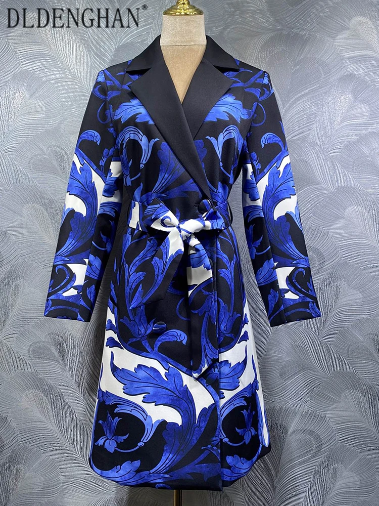 

DLDENGHAN Women's Double Breasted Print Coat Turn-Down Collar Long-Sleeved Lace-Up High Street Outerwear for Autumn