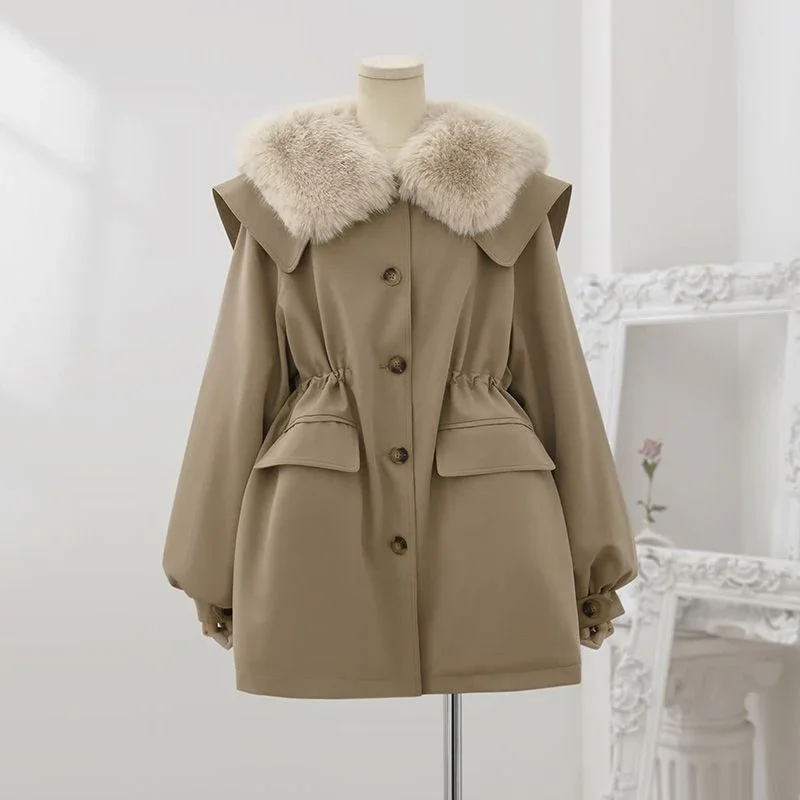 Winter Cotton Padded Drawstring Coat Women's Warm Thick Fur Collar Jacket Female Single Breasted Jacket Windbreaker Parkas