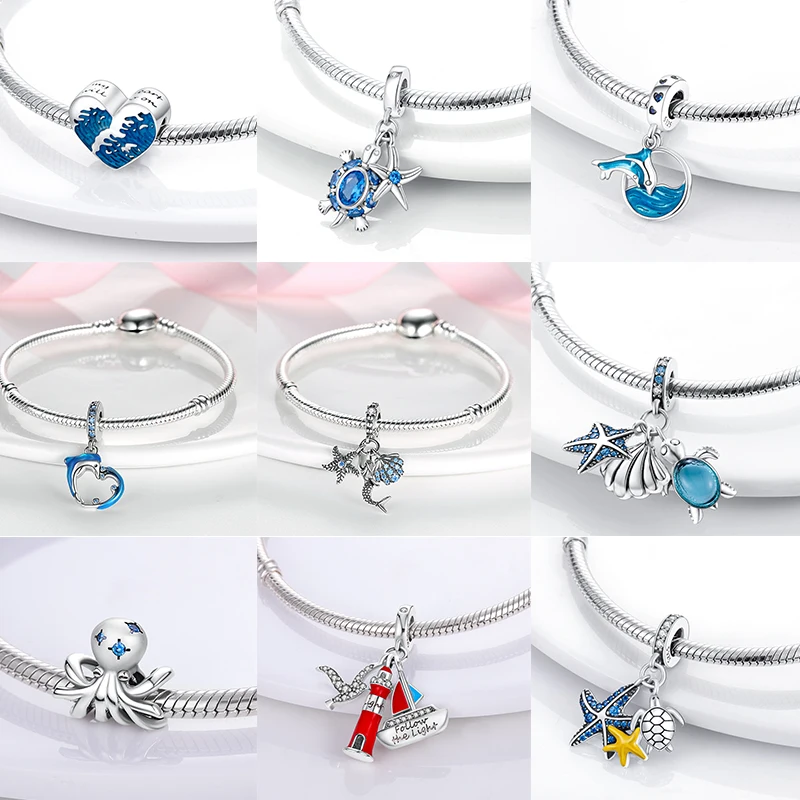 NEU 2026 925 Sterling Silber Anhänger Ozean Schildkröte Strand Frucht Muschel Blau Passend für Original Armreif Armband Halskette DIY Schmuck Geschenk – Detail 2