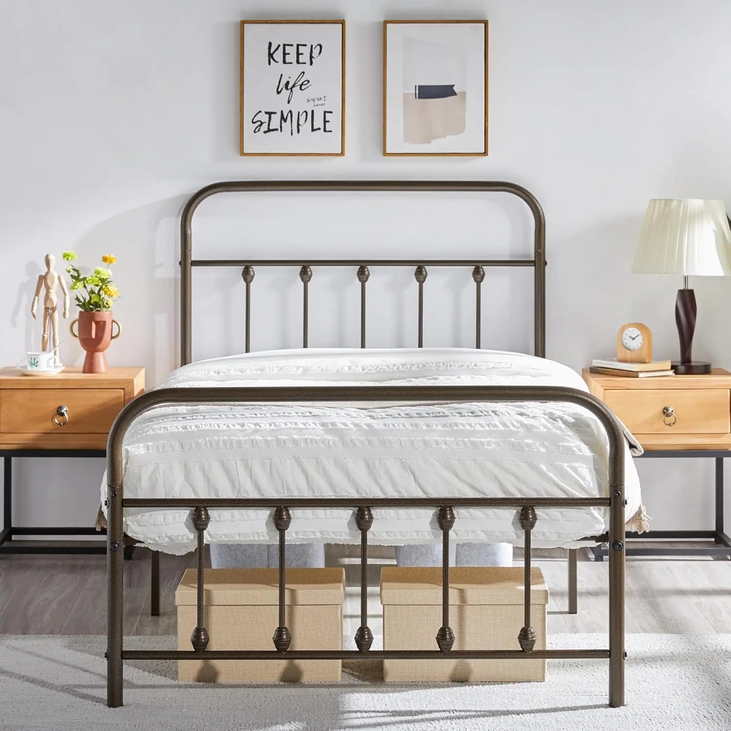 Classic Metal Platform Bed Frame Mattress Foundation with Victorian Style Iron-Art Headboard/Footboard/Under Bed