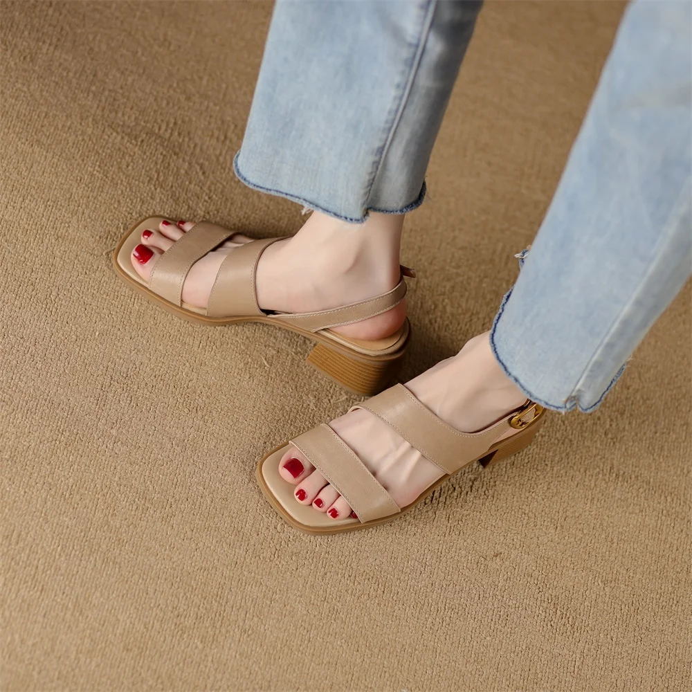 Taoffen Genuine Leather Sandals Casual Street Style Summer Roman Sandals Square Heel Female Open Toe Buckle Strap Women\'s Shoes