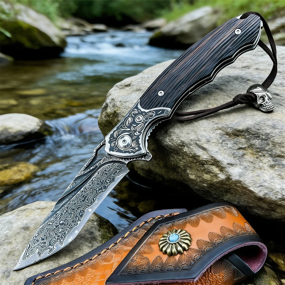

Складной нож из дамасской стали с рукоятью из черного дерева, портативный инструмент EDC для кемпинга, выживания и повседневных задач по резке материалов