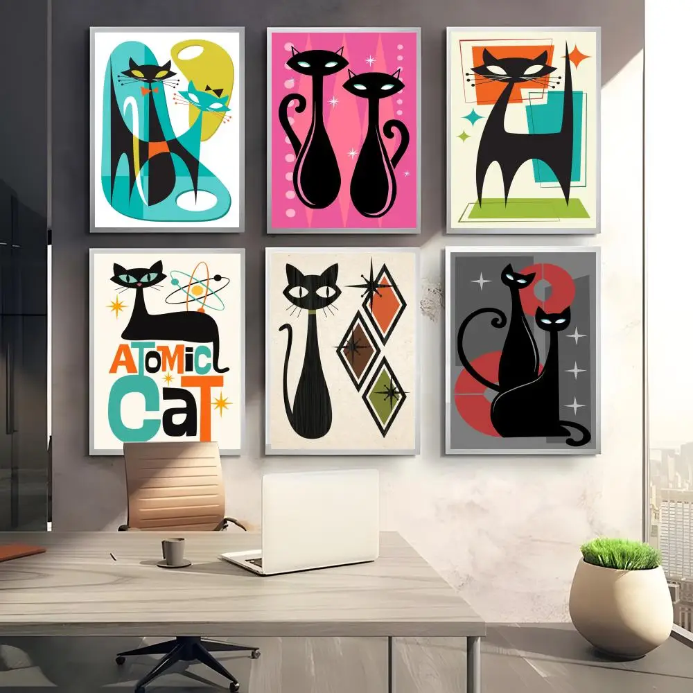 Mid Century Black Cat Poster HD art sticky wall waterproof home bedroom bar aesthetic decoration - view 2