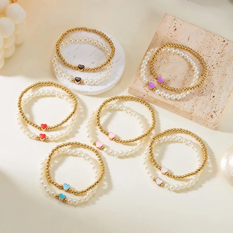 2pcs/set Heart Geometric Lover Oil Drop Plastic Pearl Beaded Double-layer Bracelets Women Girls Gift