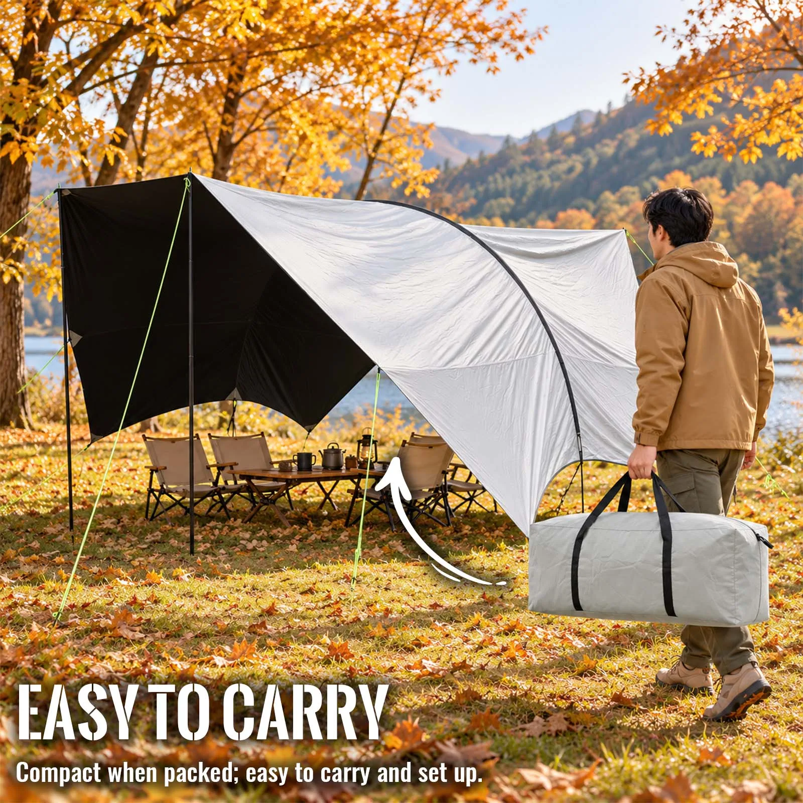 Extra Large Silver Awning Tent 550cm Sun Shelter for Autumn Camping Forest Garden Backyard Outdoor Use
