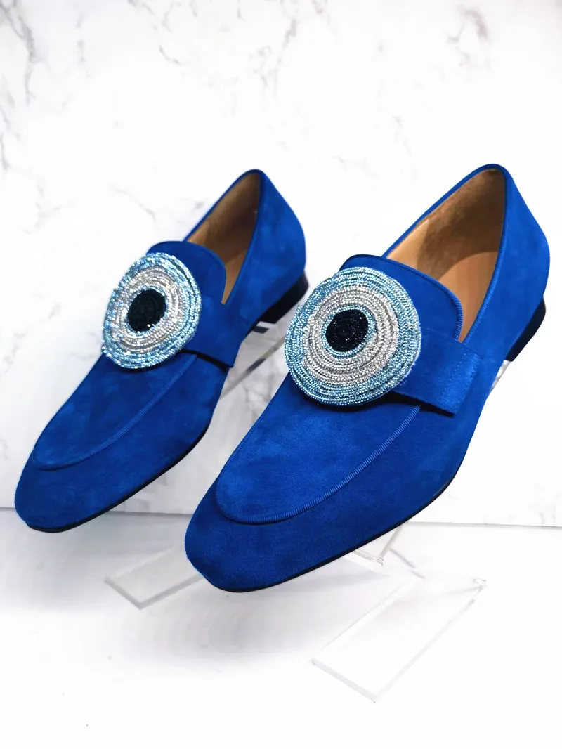 SHOOEGLE Suede Handmade Crystal Detachable Decoration Men's Loafers Office Business Dress Wedding Shoes Men Casual Single Shoes