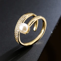 NEWBUY 2024 moda Color oro perla AAA CZ circón anillo abierto para mujeres elegantes accesorios de joyería de boda