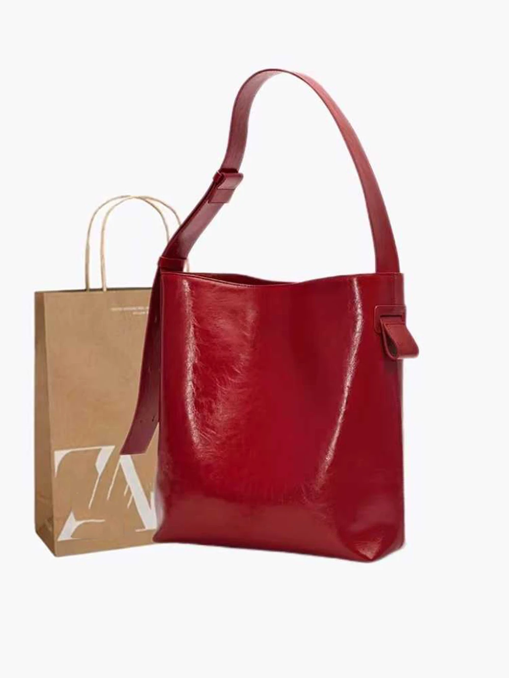 Oil Wax Leather Red Retro Commuting Tote Bag Versatile Crossbody Bag 2024 Women's Solid Color Large Capacity Travel Bags