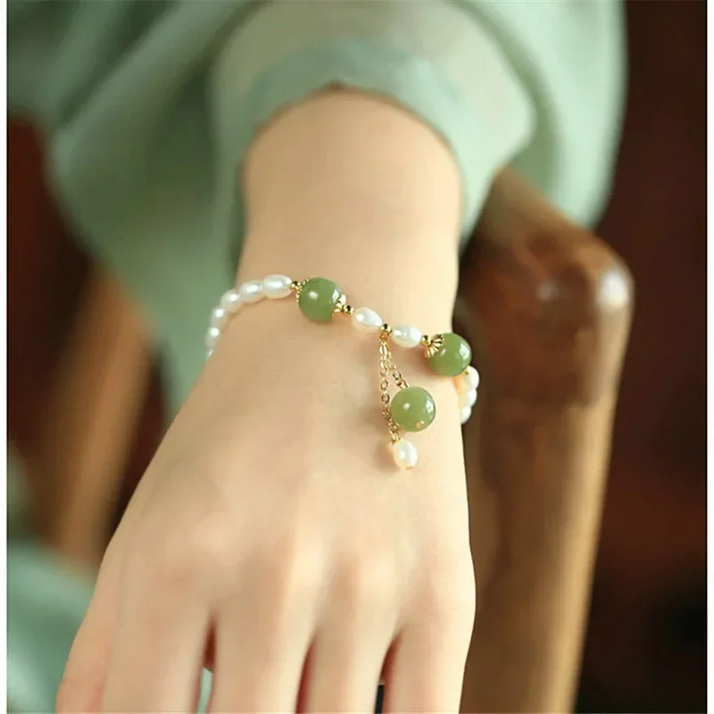 Vintage natürliche Hetian Jade Perlen natürliche Süßwasser Perle Charm Armband Party Glück handgemachte Energie Schmuck für Frauen Geschenke