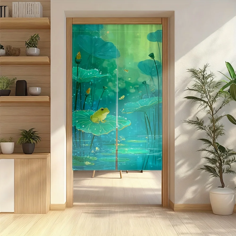 Lotus-Teich-Türvorhang, grüner Frosch, Lotus, Regentropfen, lebendiges Kunstmuster, geeignet für die Dekoration von Wohnzimmer oder Flur