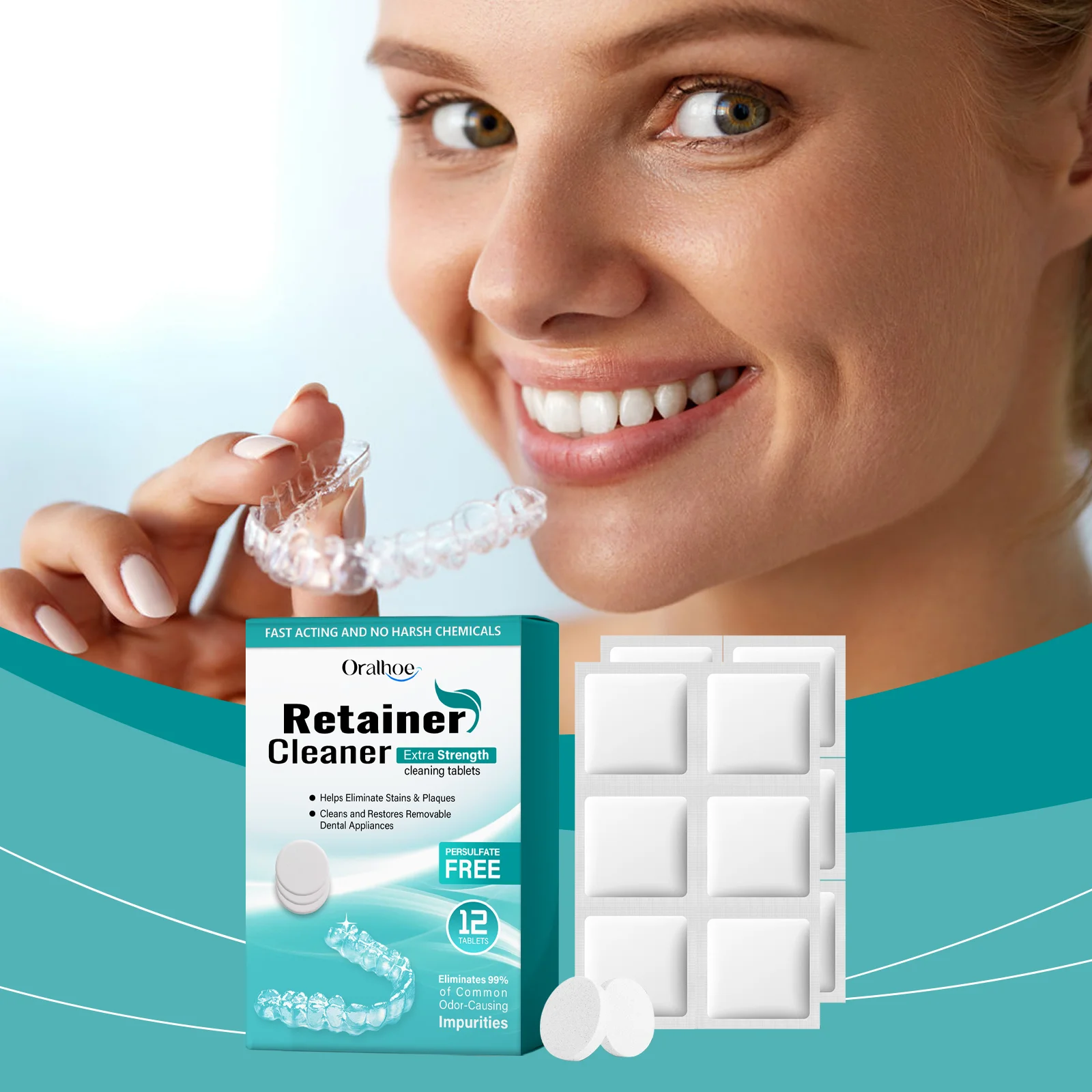 Denture & Retainer Cleansing Tablets • Effectively Removes Plaque & Buildup • Deep Stain Cleaning • Gentle Daily Oral Care