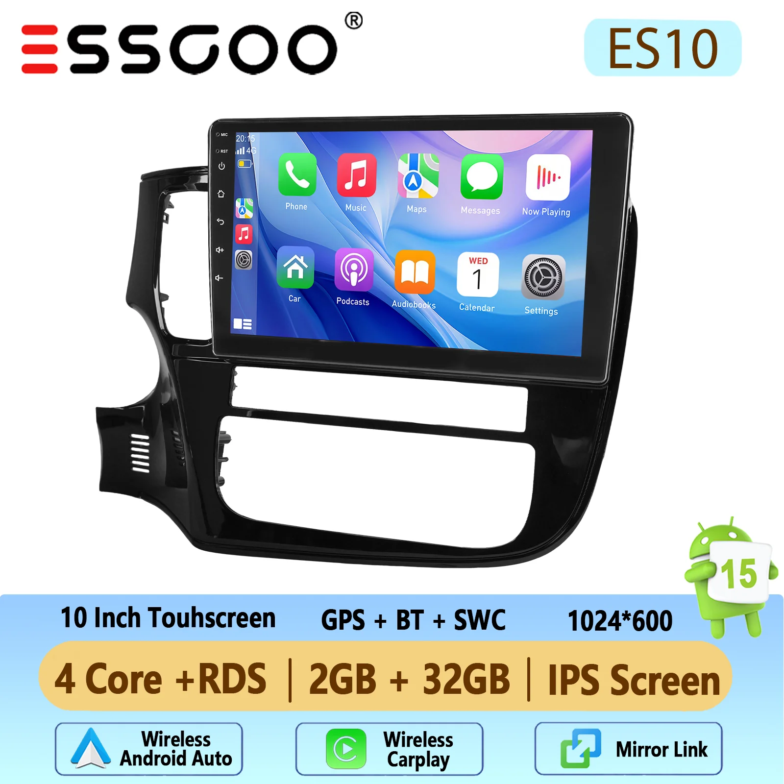 ESSGOO 10 inch Android 15 2+32GB/4+64GB draadloze Carplay autoradio voor Mitsubishi Outlander 2012-2018 GPS navigatie WIFI SWC RDS BT FM ASP