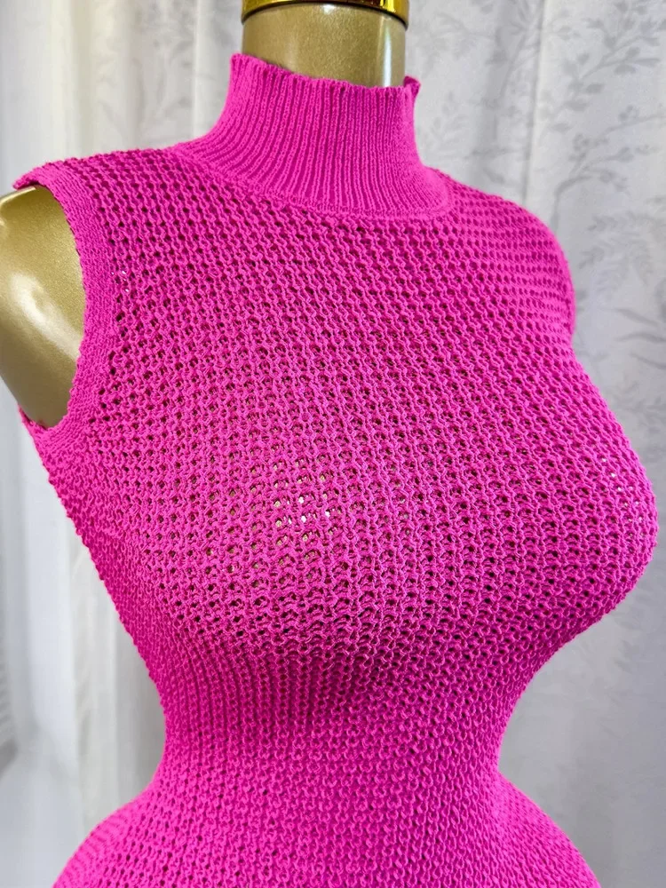 2025 Summer Women Elegant Round Neck Sleeveless Tassels Hem Bodycon Mini Knitted Dress Holiday Beach Party Clubwear