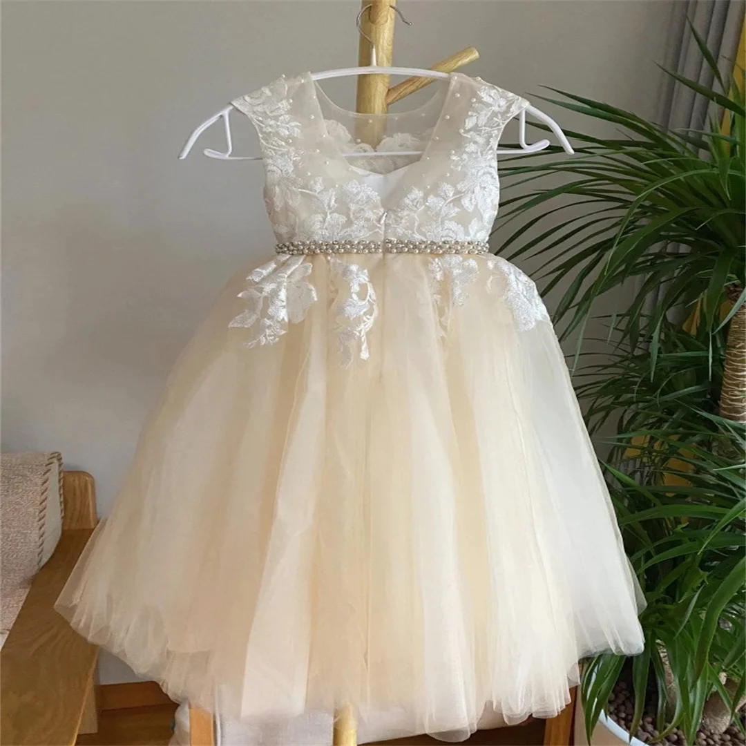 Vestido de niña de flores personalizado, boda, fiesta de cumpleaños, tul champán claro, apliques florales blancos para graduación, vestido de comunión