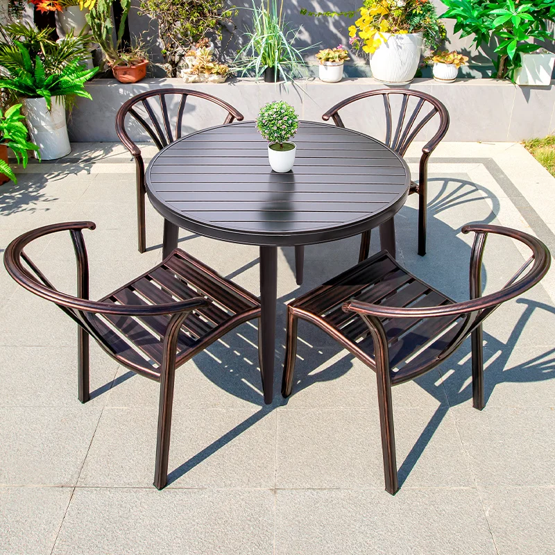 

Classic Round Stripe Outdoor Patio Table and Chairs Set 5 Piece Metal All Aluminum Patio Furniture for Cafe