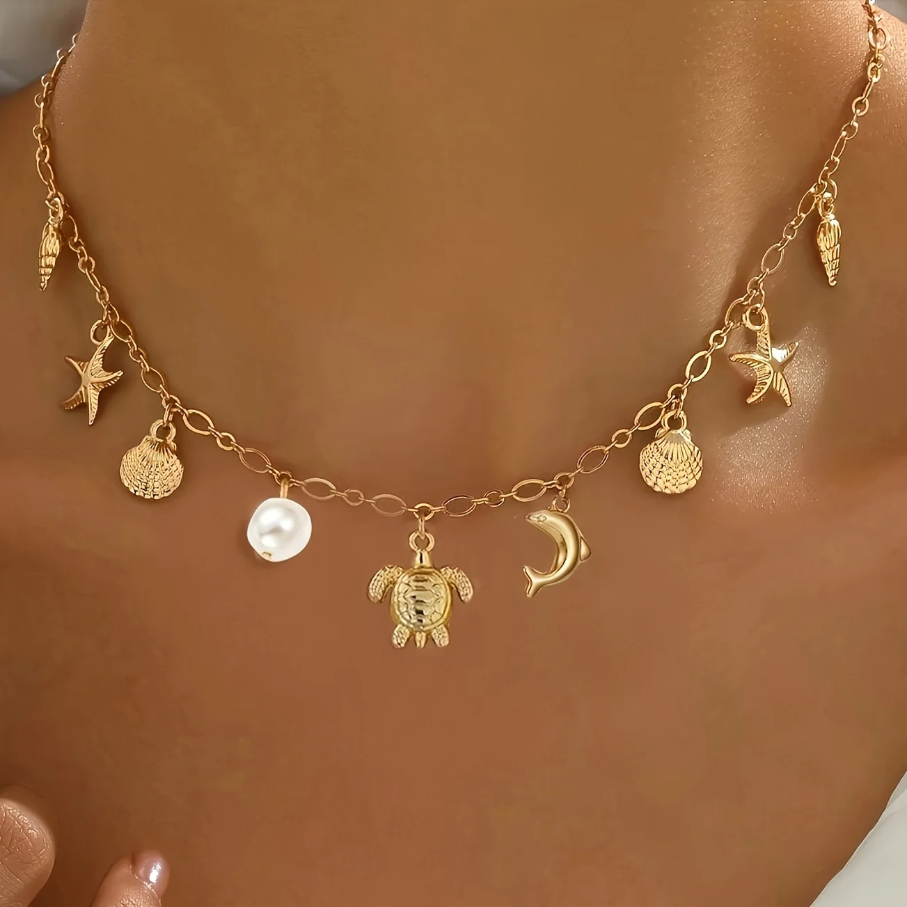Shell Starfish Scallopes Pendants Necklace Bohemian Style Ocean Series Retro Personality Adjustable Buckle Women Accessory